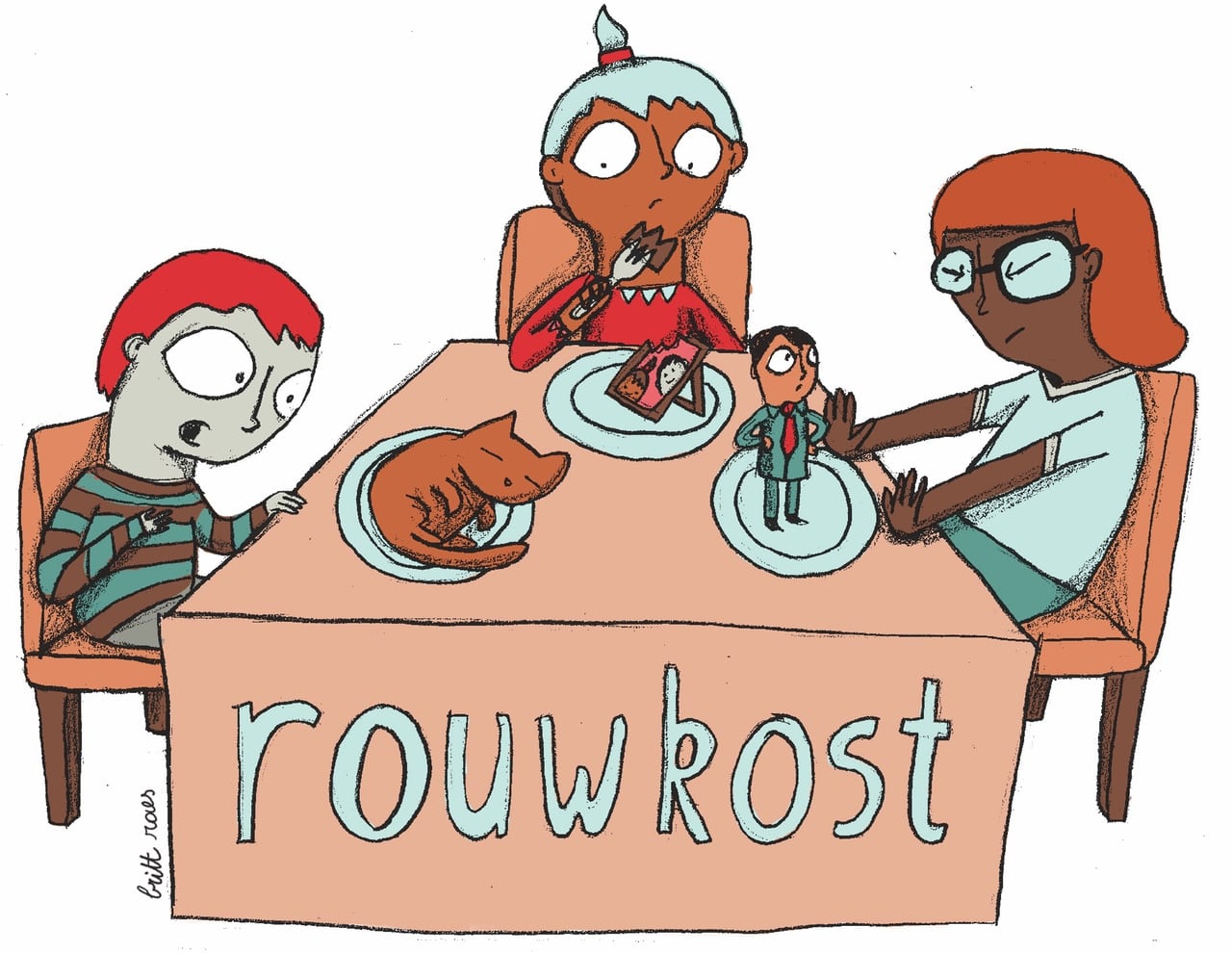 Illustratie door Britt Raes waarin de woordspeling van Rouwkost uitgebeeld wordt. Drie mensen verteren hun verlies, op hun bord zie je een afbeelding van de persoon of het dier waar ze om rouwen.