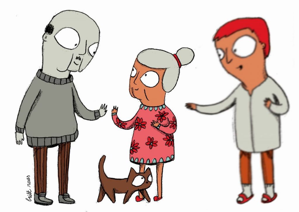 vrouw met dementie ziet haar overleden man scherp en de verzorgende wazig. Aan haar benen een kat.